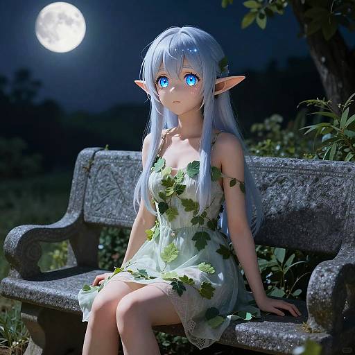 Anime Elf Girl in Moonlit Garden