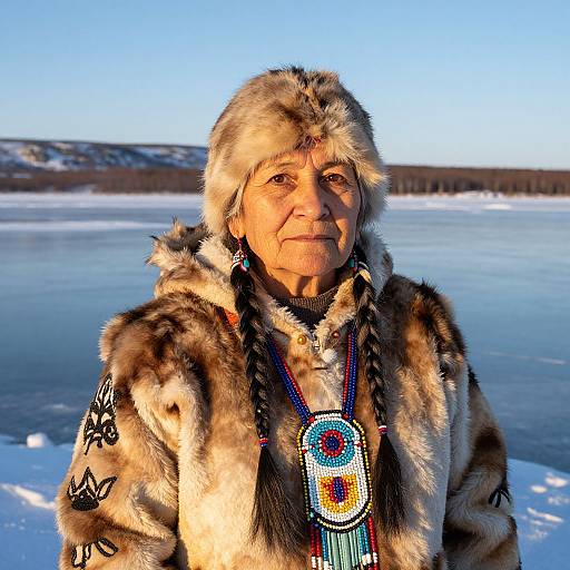 Photograph of an elderly Indigenous woman with wrinkled skin, wearing a fur-lined parka, traditional beaded necklace, and fur hat, standing in