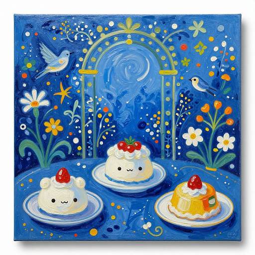 Whimsical painting of three smiling dessert plates with cherries, surrounded by colorful birds, flowers, and a blue moon arch in a dreamy night