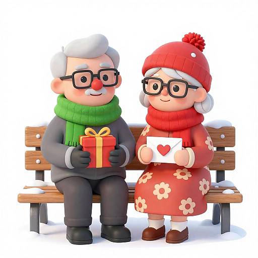 Cozy Snowy Elderly Couple on Bench