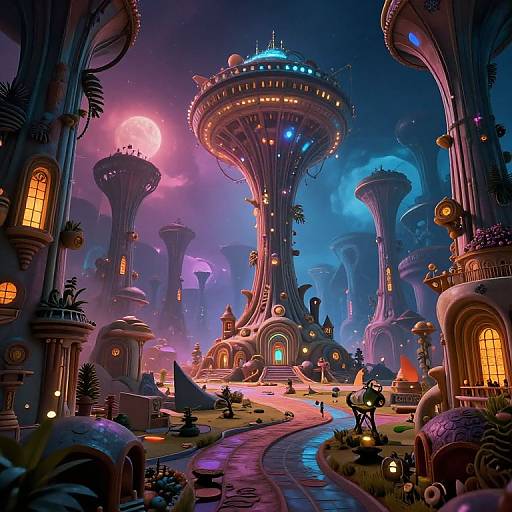 Fantastical, neon-lit sci-fi cityscape with towering, organic buildings, glowing windows, curved pathways, and a full moon in the night
