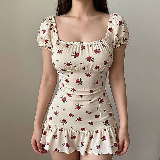 Photograph of a young woman wearing a white, short-sleeved, floral dress with red flowers, ruffled neckline, and hem, standing against