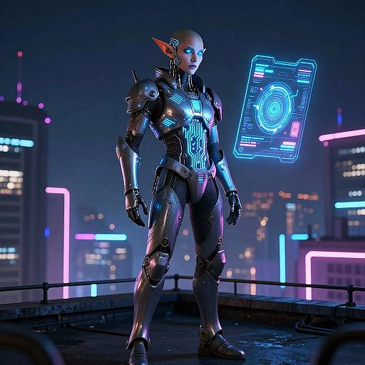 Cyberpunk Sci-Fi Elf on Neon Rooftop