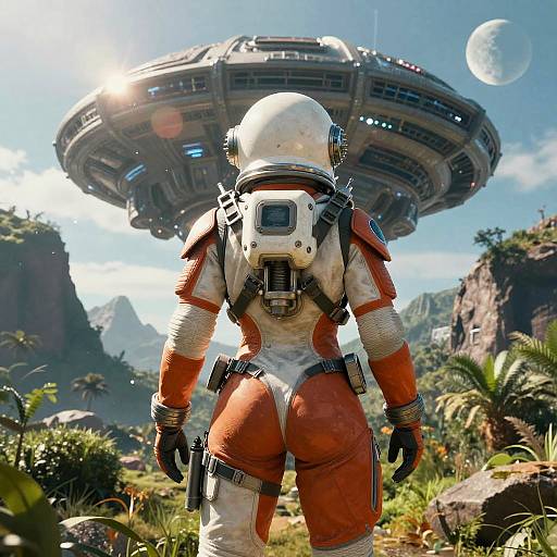 Female Space Soldier Facing Alien Structure