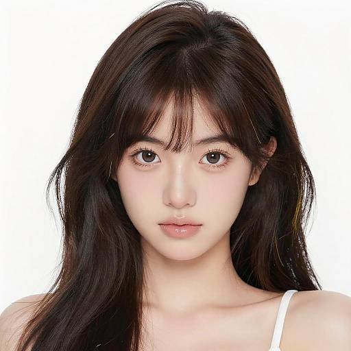 Photograph of an East Asian woman with long, dark brown hair, fair skin, and brown eyes, wearing a white strap top, against a plain