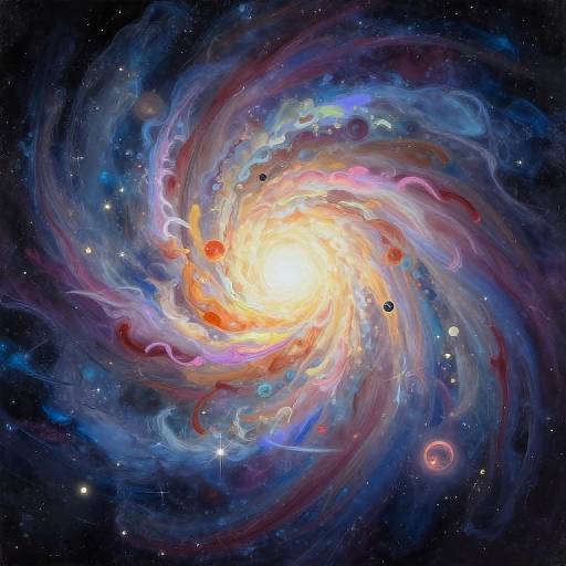 Vibrant digital artwork of a swirling galaxy with a bright, glowing core surrounded by colorful nebulae, stars, planets, and cosmic dust.