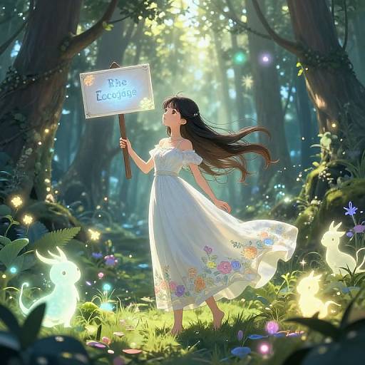 Digital anime-style illustration: A young girl with long black hair in a white floral dress holds a glowing sign reading 