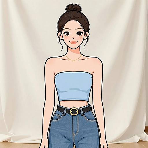 Digital anime-style drawing of a smiling young woman with fair skin, dark hair in a bun, wearing a light blue strapless top and high-wa