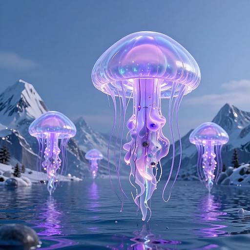 Photorealistic CGI of glowing blue-purple jellyfish floating in a reflective, icy mountain lake, with snow-capped peaks in the background.