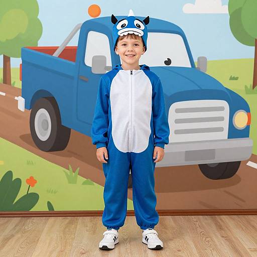 Young boy in blue and white dog-themed onesie, white sneakers, and matching hat, standing in front of a digitally drawn blue truck mural. Sm