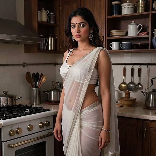 Photograph of an attractive South Asian woman with dark hair, wearing a sheer white sari, standing in a cozy, wooden kitchen.