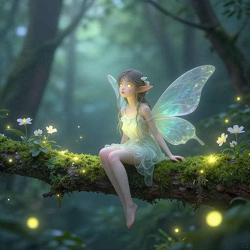 Digital fantasy artwork: Fairy with glowing wings and green light, sitting on mossy tree branch in enchanted forest with glowing fireflies.