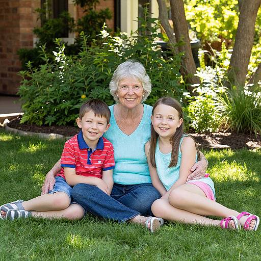 Photograph of an elderly white woman with short gray hair, smiling, sitting on grass with two smiling children, a boy in a red polo and blue