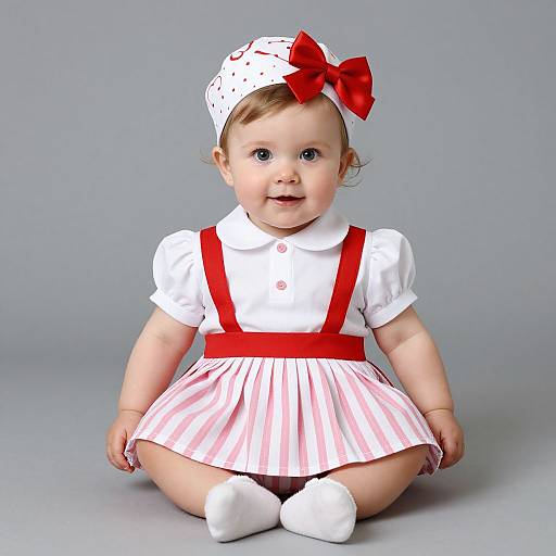 Photograph of a cute baby girl sitting, wearing a white and red nurse costume with a red bow, white socks, and gray background.