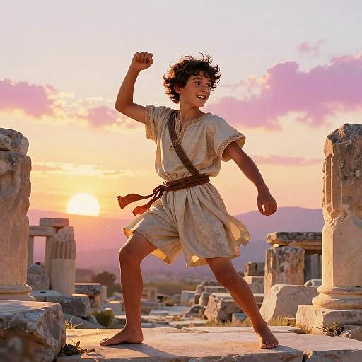 Photograph of a curly-haired, smiling young boy in a beige Roman-style tunic, posing triumphantly on ancient ruins at sunset.