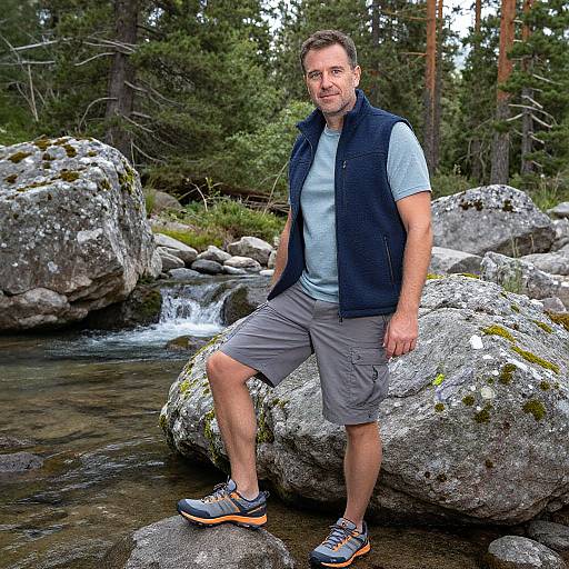 Photograph of a middle-aged white man with short brown hair, wearing a blue vest, light blue shirt, gray shorts, and blue sneakers, standing