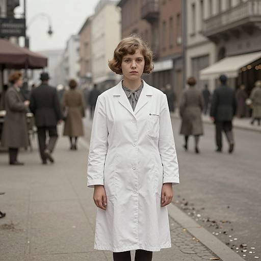 Photograph of a young woman with short brown hair, wearing a white lab coat, standing on a cobblestone street in a busy, blurred urban