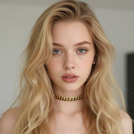 Photograph of a young woman with long, wavy blonde hair, blue eyes, and fair skin, wearing a gold choker necklace, looking directly