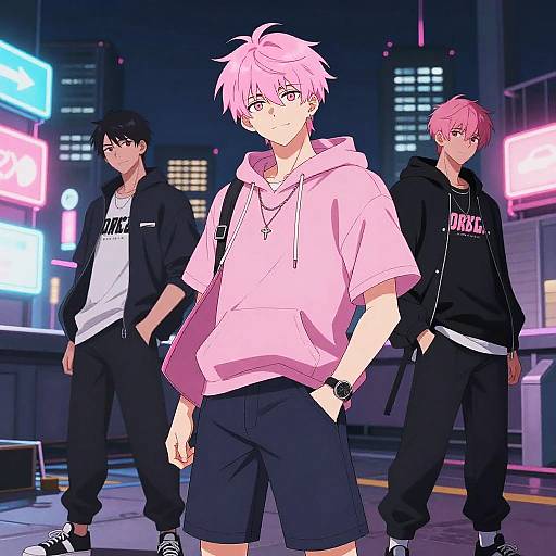 Anime-style digital drawing of three young men in a neon-lit city at night. Central pink-haired man in pink hoodie and black shorts, flanked