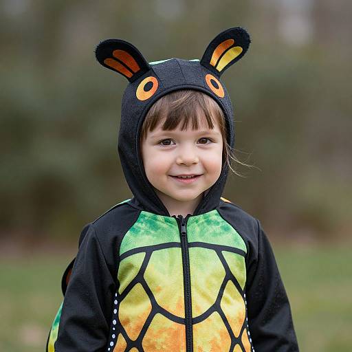 Photograph of a smiling young girl with brown hair, wearing a black turtle-themed hoodie with green and yellow accents, and a matching hood with orange eyes