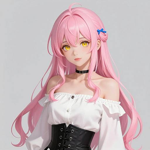 Digital anime-style portrait of a pink-haired girl with yellow eyes, wearing a white off-shoulder blouse, black corset, black choker,