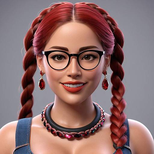 Digital CGI portrait of a smiling woman with red braided hair, black glasses, red earrings, necklace, and denim straps.