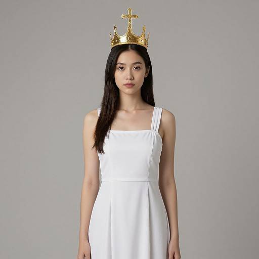 Photograph of a young woman with long black hair, wearing a plain white dress and a gold crown with a cross, standing against a plain gray background
