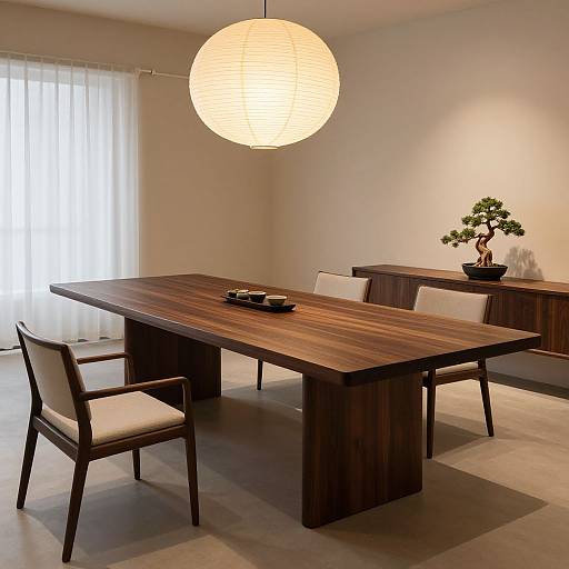 Photograph of a modern dining room with a wooden table, white chairs, spherical paper pendant lamp, potted bonsai, and sheer curtains.