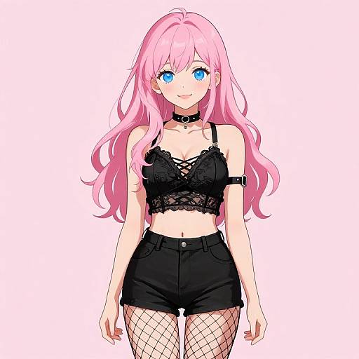 Digital anime-style drawing of a pink-haired, blue-eyed girl with black lace crop top, high-waisted shorts, fishnet stockings, and ch