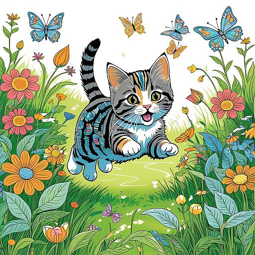 Playful Kitten Chasing Butterflies Illustration Playful Kitten Chasing Butterflies Illustration