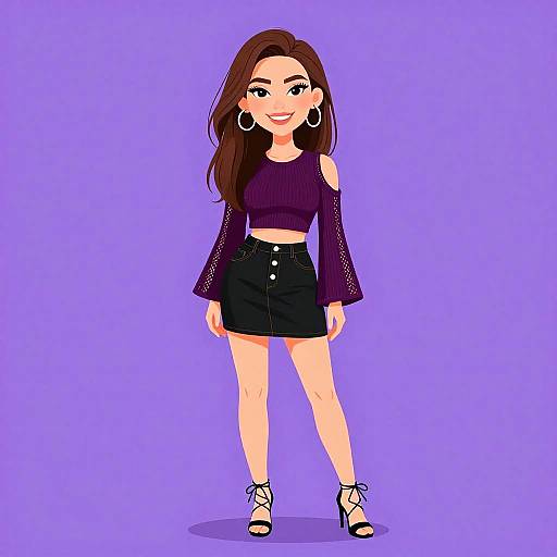 Digital illustration of a smiling young woman with long brown hair, wearing a purple crop top, black high-waisted skirt with buttons, and black high