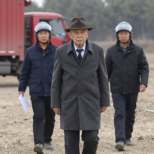 Elderly Man in Overcoat with Escorts in Field