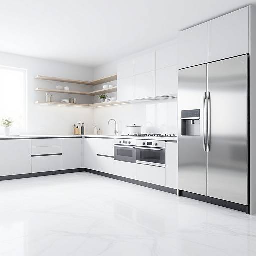 Modern, minimalist kitchen with white cabinets, stainless steel appliances, black trim, and sleek design. Bright, clean, and contemporary.