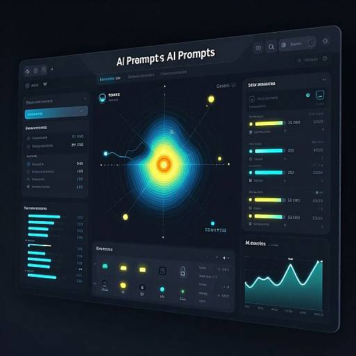 Digital screenshot of Alprismo's AI Prompts software interface, displaying colorful charts, graphs, and data metrics with a dark blue background.