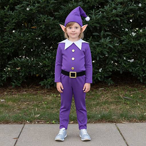 Photograph of a young child with pointed elf ears, wearing a purple elf costume with a white collar, black belt, and white shoes, standing on