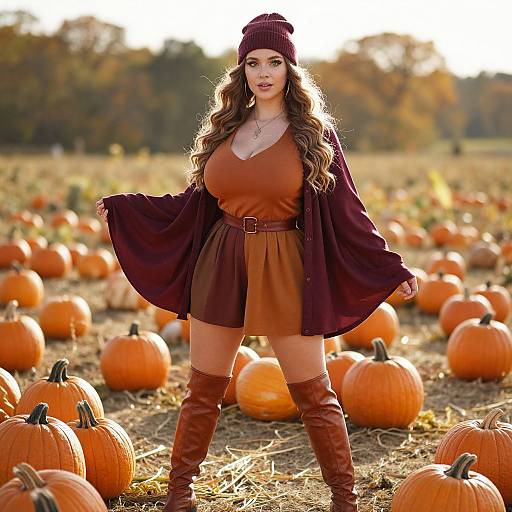 Photograph of a curvy woman with long wavy brown hair, wearing a maroon dress, matching coat, beanie, and knee-high boots