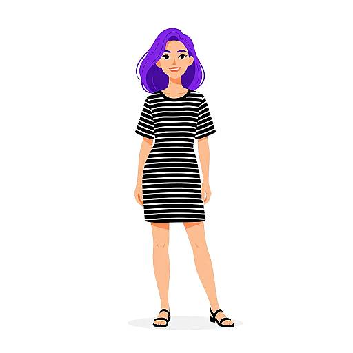 Digital illustration of a smiling woman with purple hair, wearing a black-and-white striped dress and black sandals, standing against a white background.
