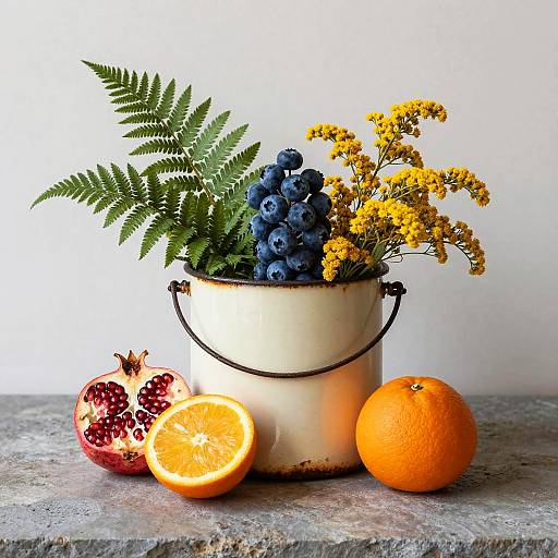Vintage Bucket with Wild Ferns and Fruit