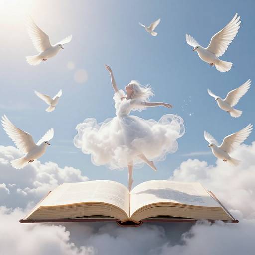 Digital artwork of a white-haired angelic girl in a cloud, arms raised, hovering above an open book, surrounded by white doves against a bright