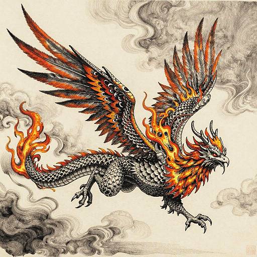 Mythical Dragon-Phoenix Ink Illustration
