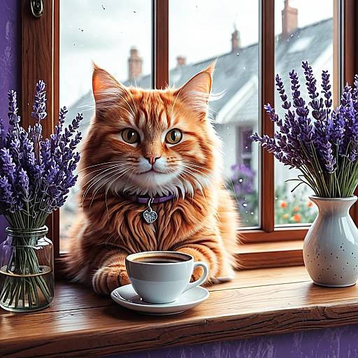 Fluffy Red Cat with Coffee and Lavender