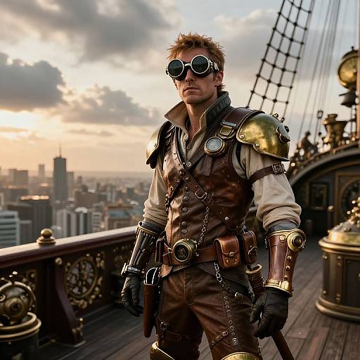 Steampunk pirate on a ship's deck at sunset, wearing goggles, brown leather vest, brass arm guards, cityscape in background. Digital art
