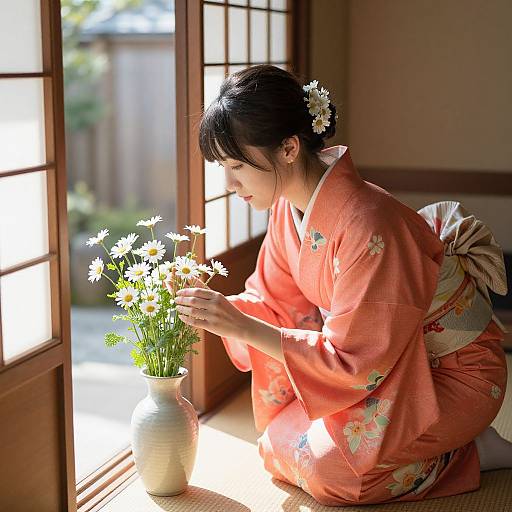Woman Arranging Daisies in Coral Kimono