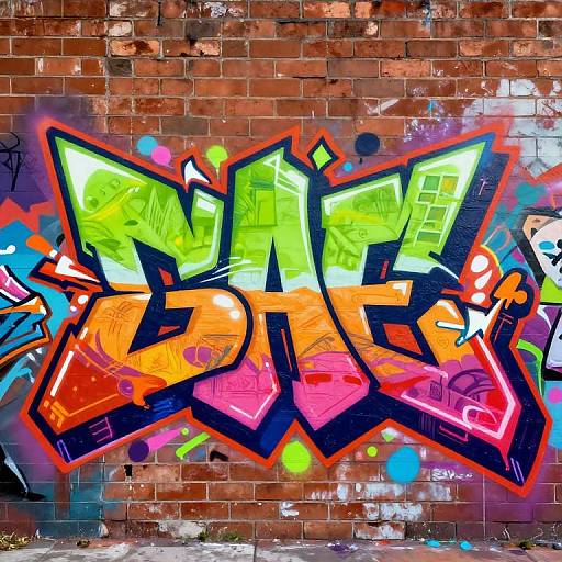 Vibrant graffiti on a brick wall featuring bold, neon green, orange, and pink letters with blue and red outlines, surrounded by colorful splatters