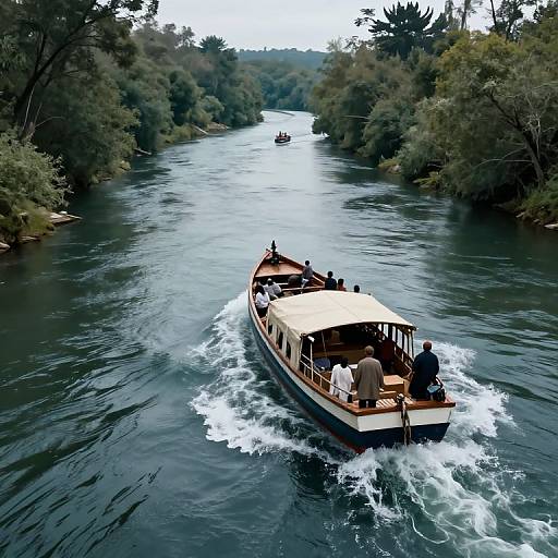 Photograph of a small wooden boat with a white canopy cruising down a calm, tree-lined river, creating white wake, with another boat visible in the