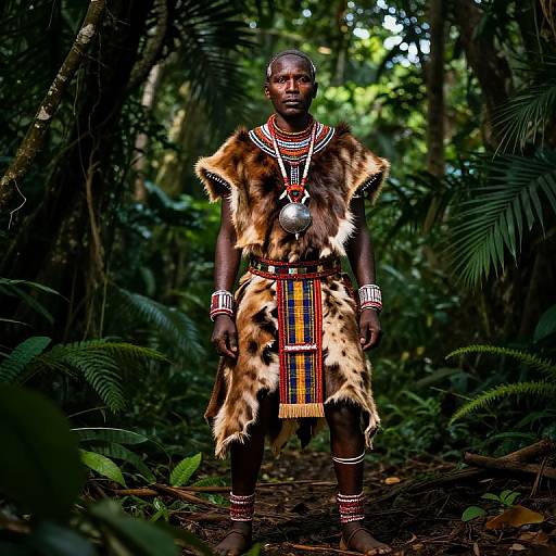 Photograph of a dark-skinned African man in a forest, wearing a fur loincloth, colorful beadwork, and traditional jewelry, standing confidently