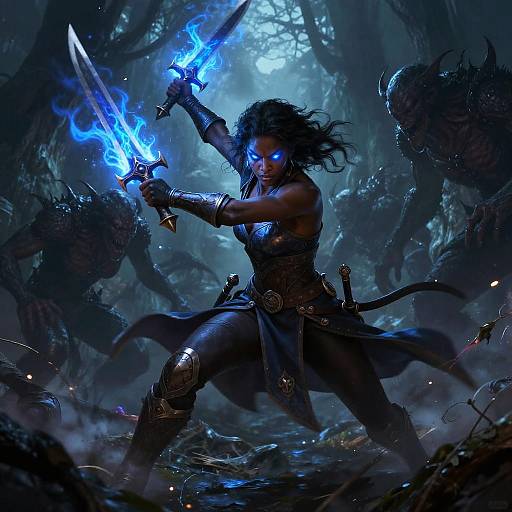 Digital fantasy artwork of a fierce, blue-eyed, dark-skinned warrior with glowing blue swords, fighting monstrous creatures in a dark, mystical forest.