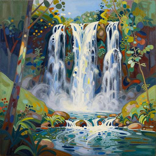 Vibrant digital painting of a multi-tiered waterfall in a lush, colorful forest, with white water cascading into a blue-green pool surrounded by