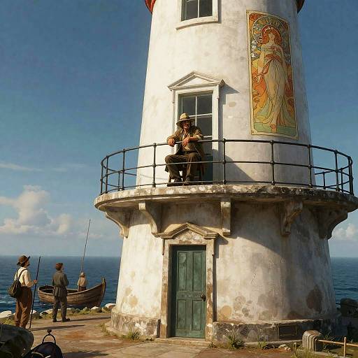 Storyteller on Lighthouse Balcony with Fishermen