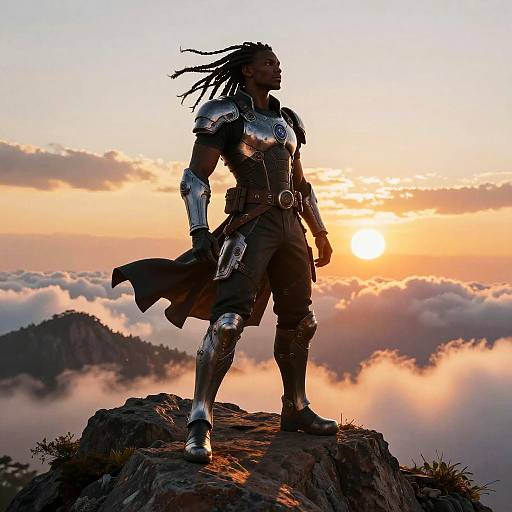 Silhouetted warrior with dreadlocks and silver armor stands on rocky peak at sunrise, surrounded by clouds and mountains. Digital art.